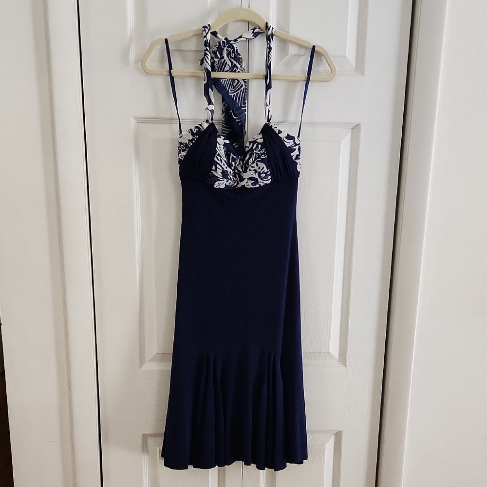 Cache Navy and White Halter Dress